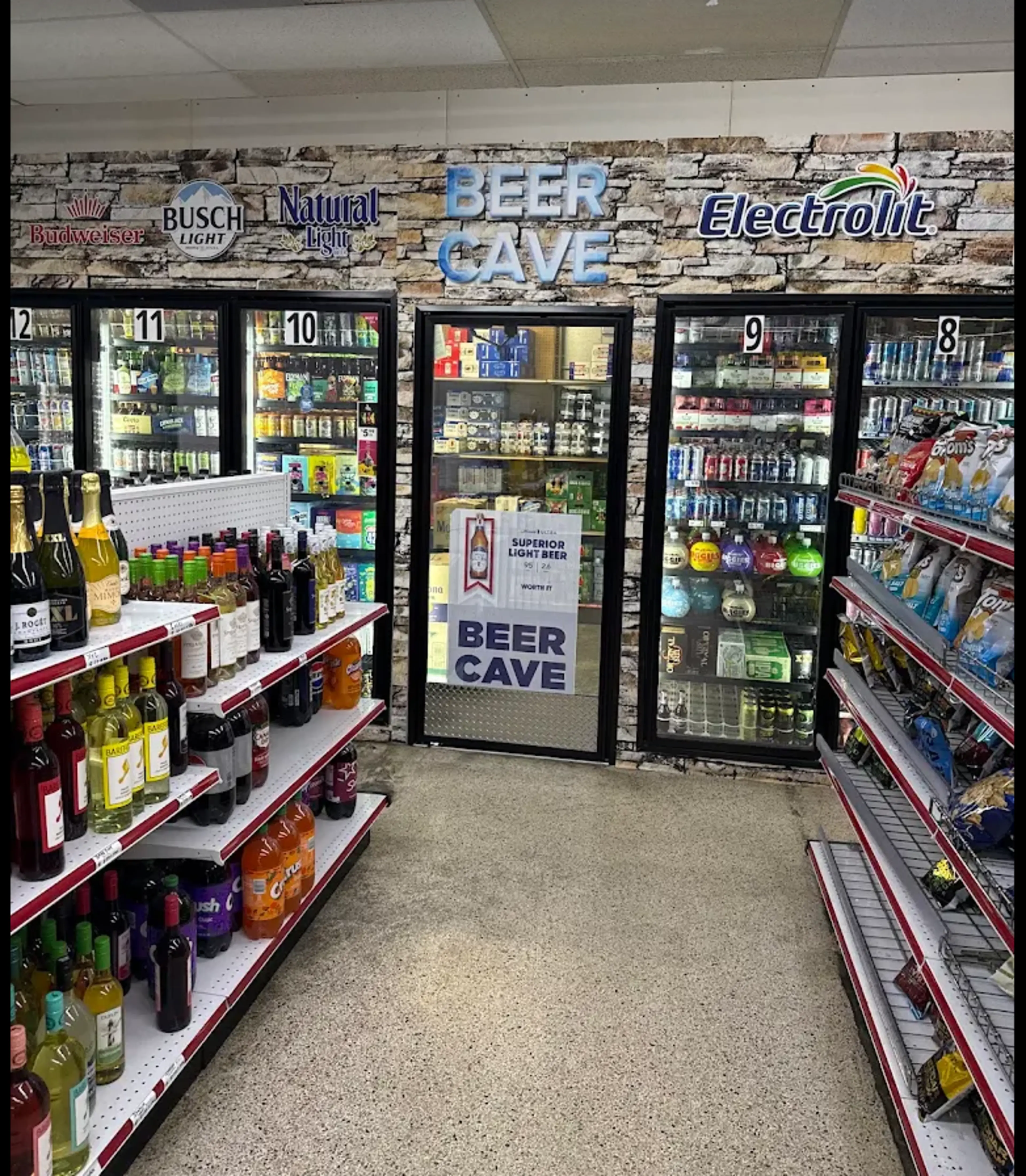 Cooler aisle and drinks at Quick Stop 2